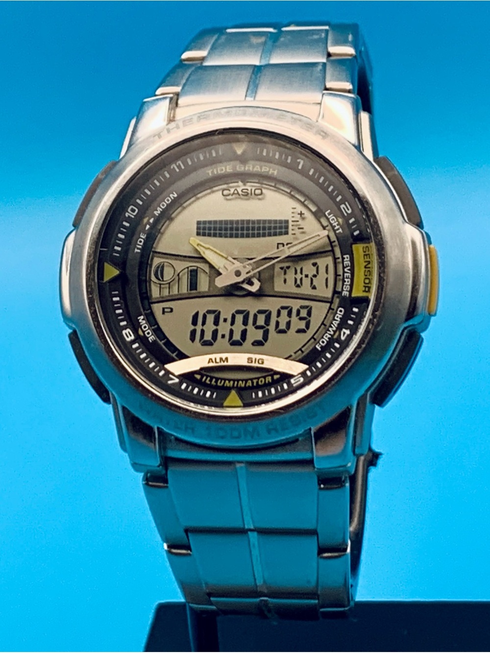 CASIO AQF-100(4335) Men’s Vtg Ana-Digi Watch Moonphase Temp Tide Works New Batt